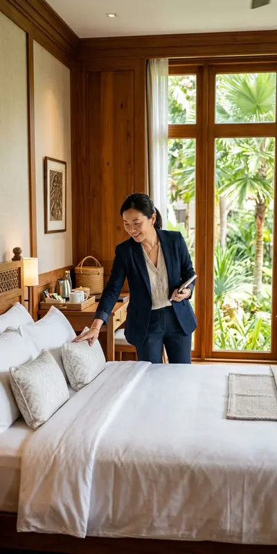 Travel specialist inspecting a boutique hotel room