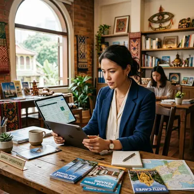 Travel operations manager reviewing hotel bookings