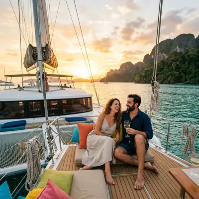 Couple enjoying sunset sailing near Langkawi
