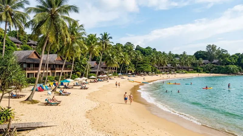 Club Med Cherating tropical beach resort with palm trees on sandy beach
