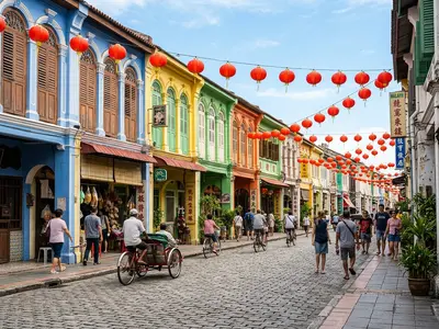 Colorful colonial shophouses on a heritage street in George Town Penang