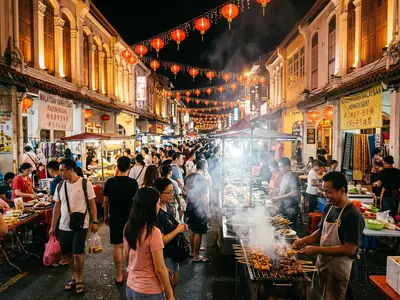 Jonker Street night market in Malacca with red lanterns and food stalls
