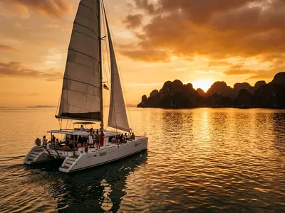 Private catamaran sailing at sunset through the Langkawi archipelago on the Andaman Sea