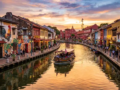 Colourful shophouses and street art along the Malacca River at sunset