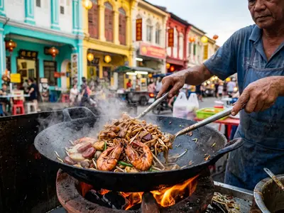 Penang char kway teow being cooked at a George Town hawker stall