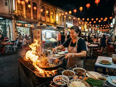 Charcoal char kway teow being cooked at a Penang George Town hawker stall with flames and lanterns