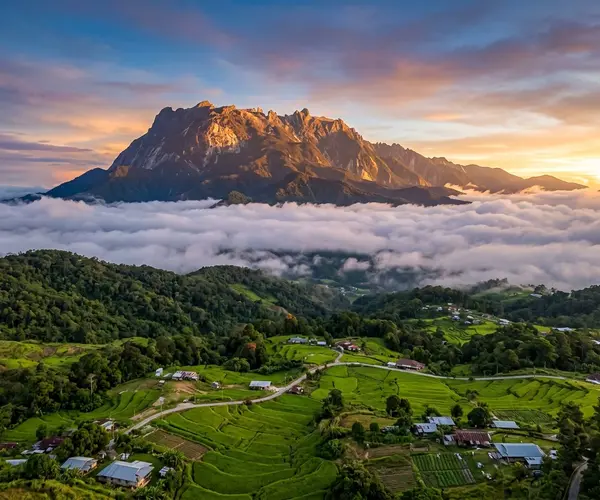 Mount Kinabalu at sunrise from Kundasang valley