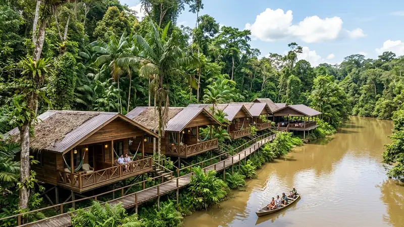 Kinabatangan Wetlands Resort eco-lodge on river banks surrounded by Borneo rainforest