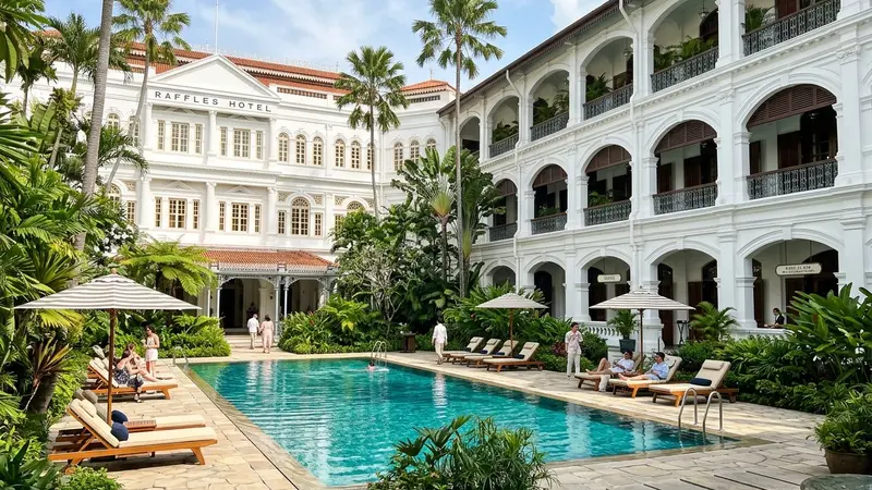 Raffles Singapore iconic colonial grand hotel with tropical courtyard