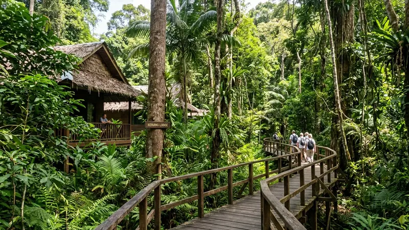 Sepilok Nature Resort rainforest lodge with boardwalk through primary Borneo rainforest